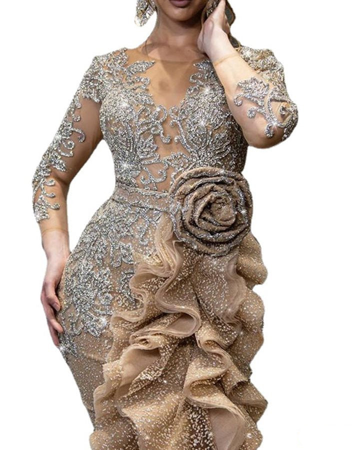 New Sexy Gold Sprinkle Trailing Party Dress For Ladies