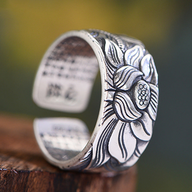 Buddhism Jewelry Like Vintage And Old Real Silver Plated Prajna Paramita Heart Sutra Lotus Ring