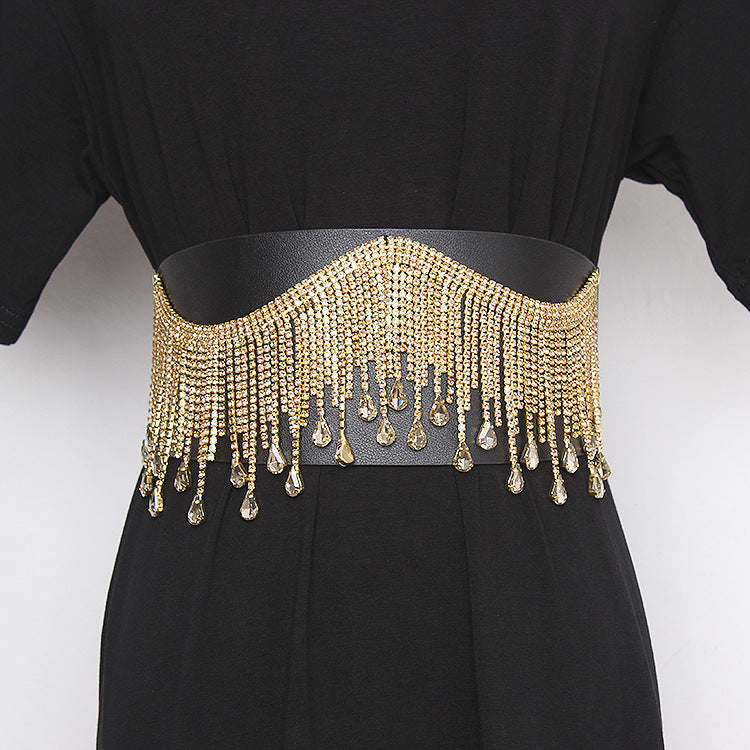 Fashion Wide Belt Fringed Rhinestone Inlaid All-match Ladies Girdle