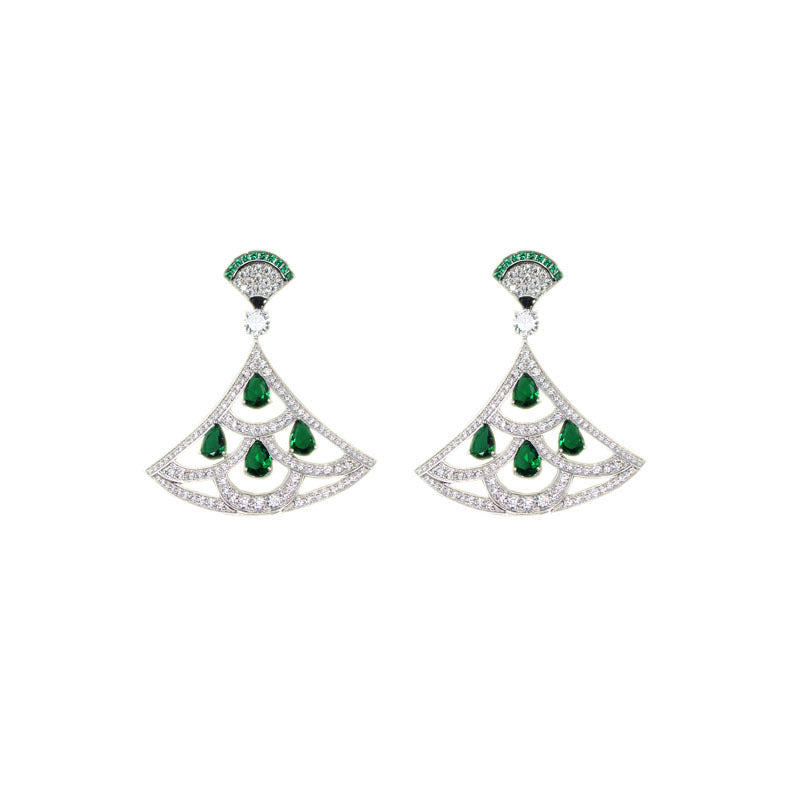New Product Green Zircon Fan-shaped Earrings With Gold-plated Diamonds