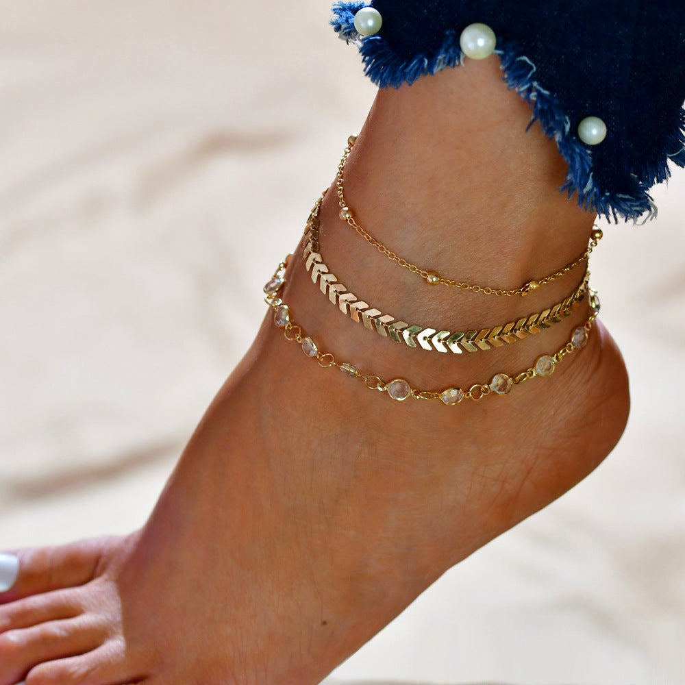 Minimalist Metal Texture Chain Leaf  3 Set Anklet