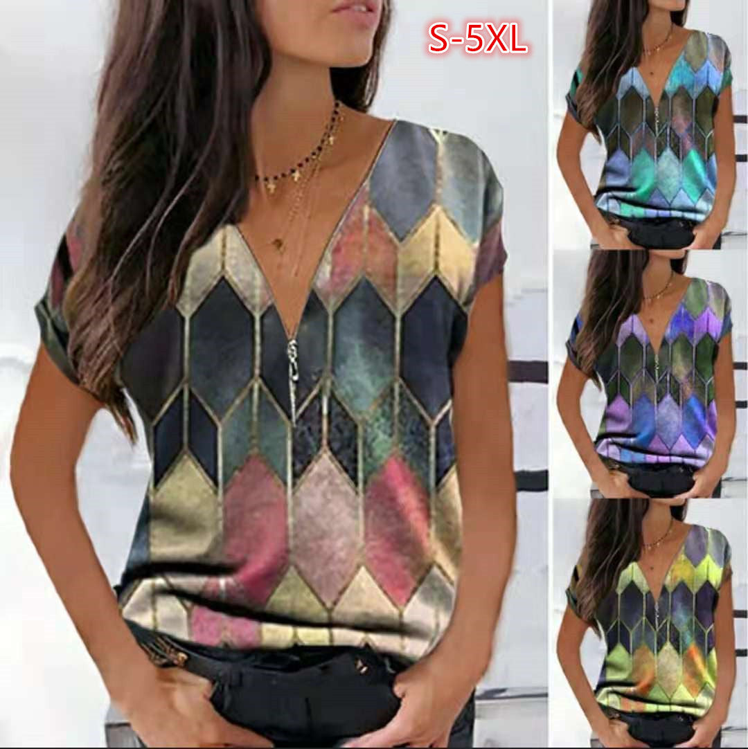 Fashion Digital Printing Casual Short-sleeved V-neck T-shirt