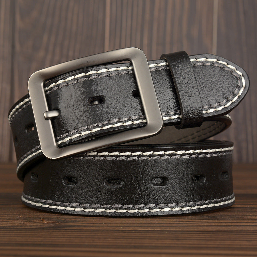 Two-Line Real Cowhide Men's Belt With Japanese Buckle