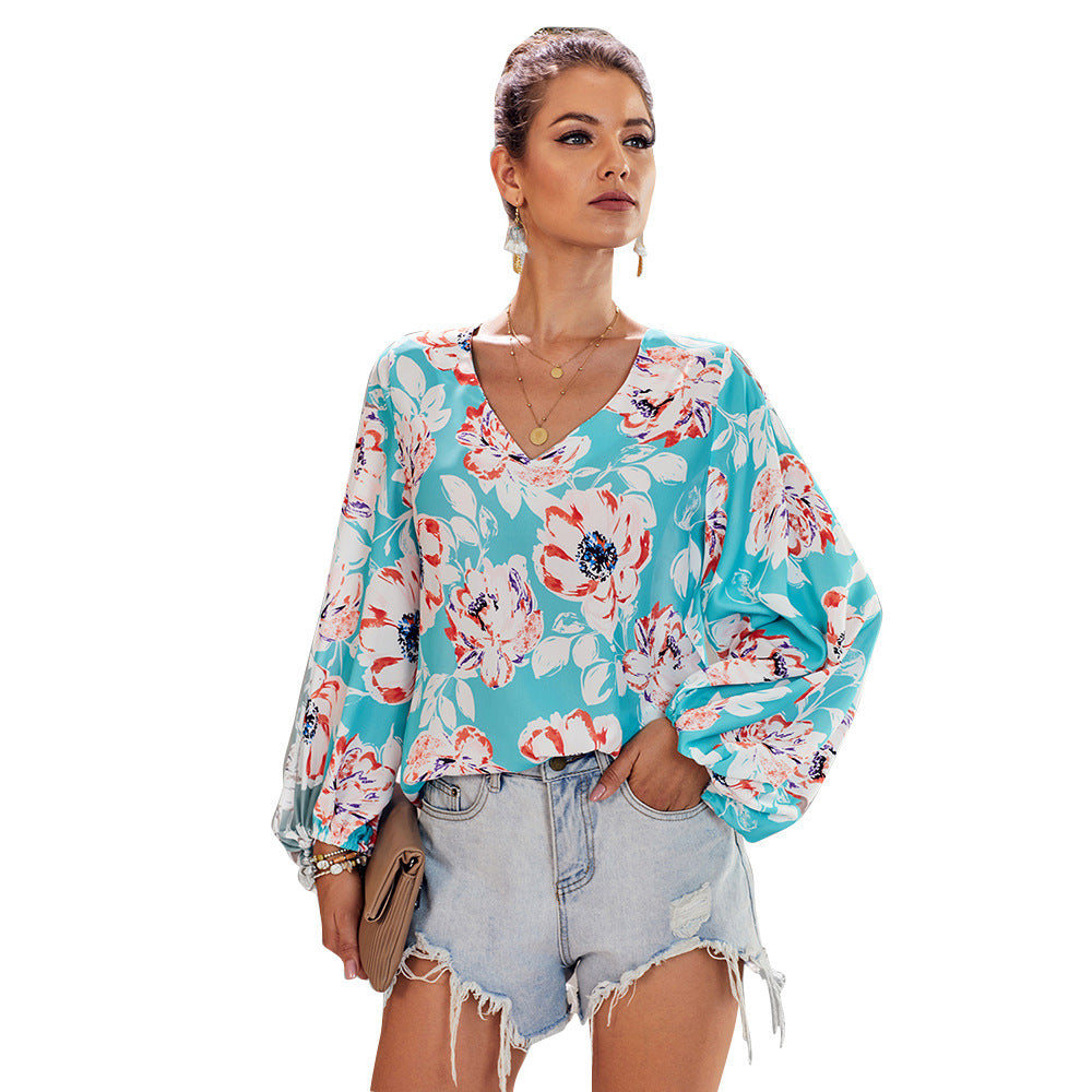 Printed loose v-neck lantern sleeve top