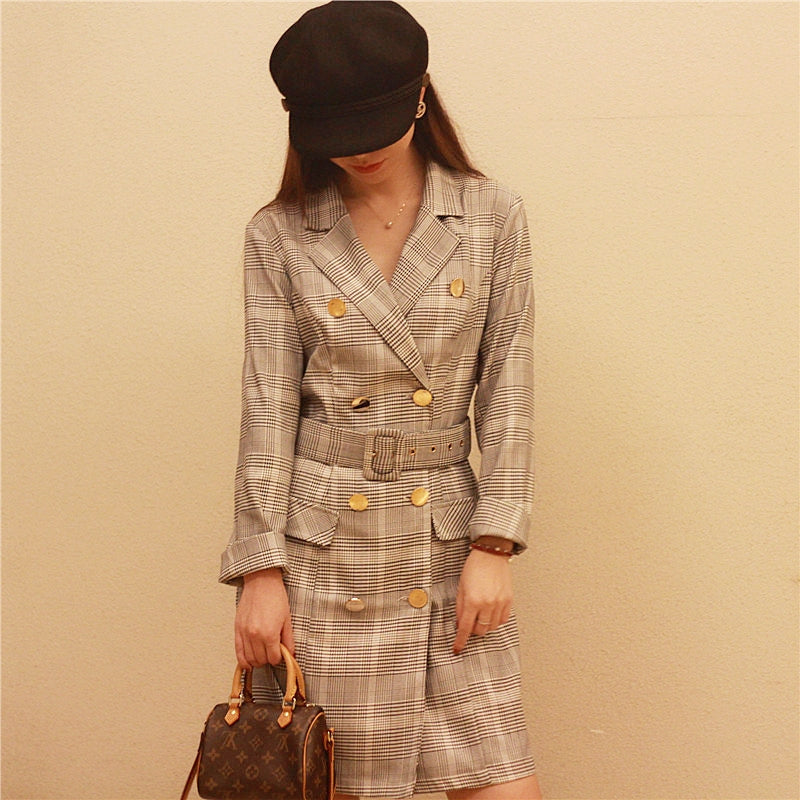 Female Temperament Suit Collar Plaid Dress