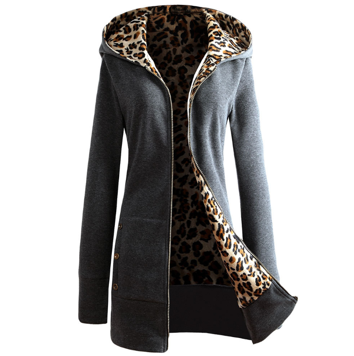 Autumn and winter new spot Europe and America thickening plus velvet large size hooded leopard sweater sweater jacket
