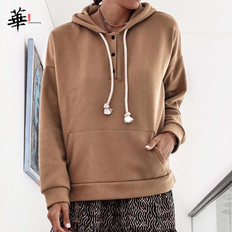 Solid color hooded drawstring button sweater