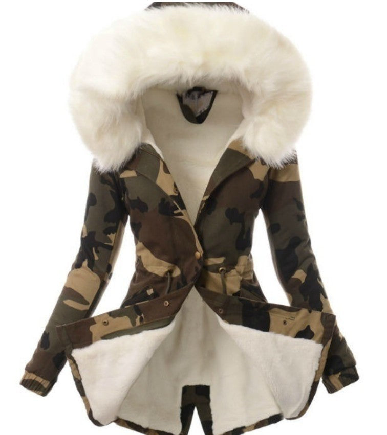 Explosion Style Hot Sale Ladies Fur Collar Drawstring Camouflage Printing