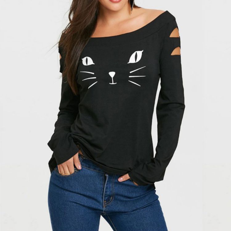 Cat Print Broken Long Sleeve T-Shirt