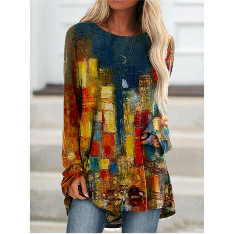 Ladies Retro Long-sleeved Color Block Print Top