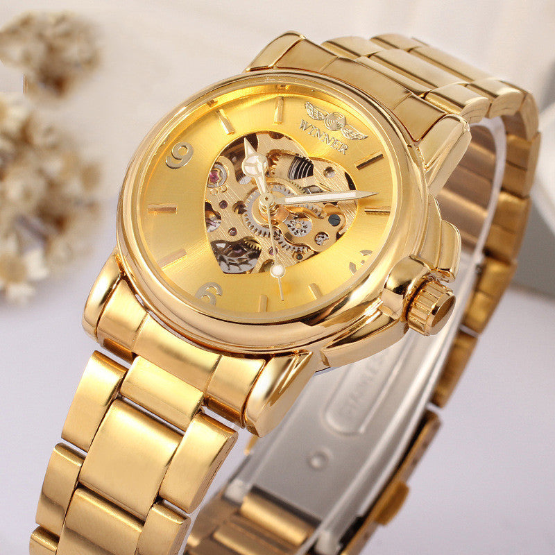 Gold skeleton automatic mechanical watch