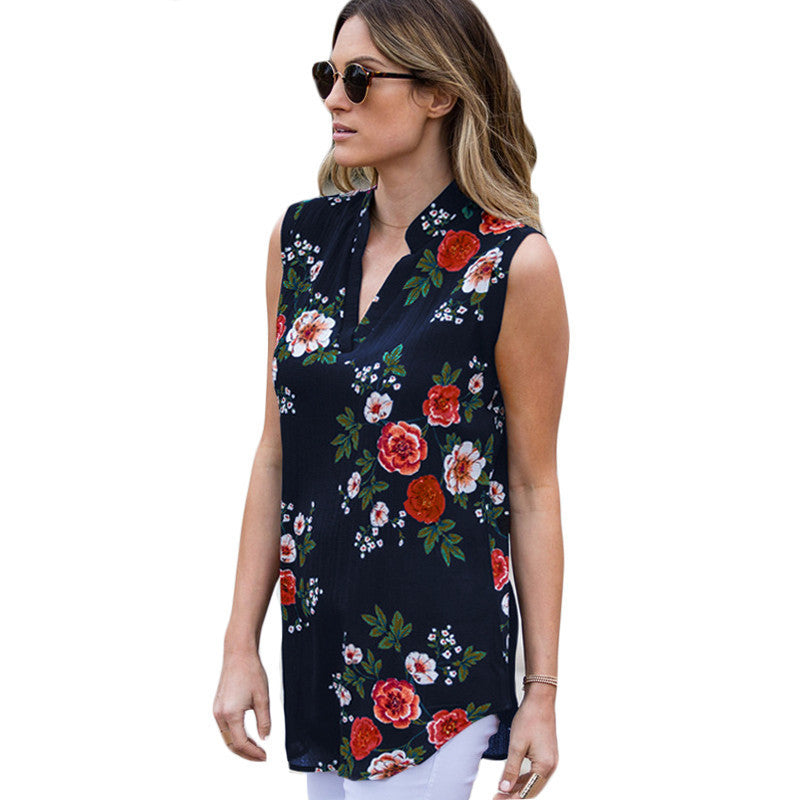 Sleeveless floral print V-neck chiffon shirt