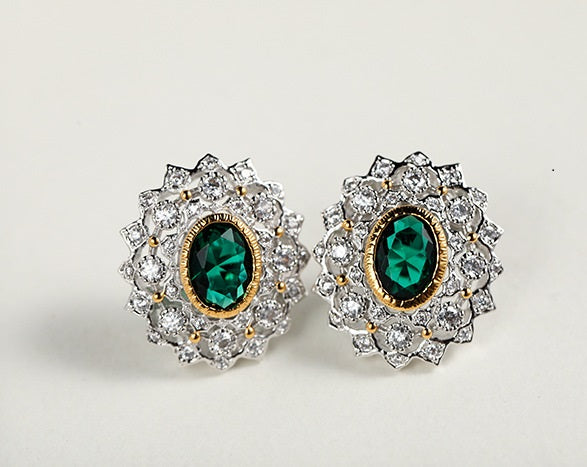 Craft retro hollow green zircon 925 Silver Earrings