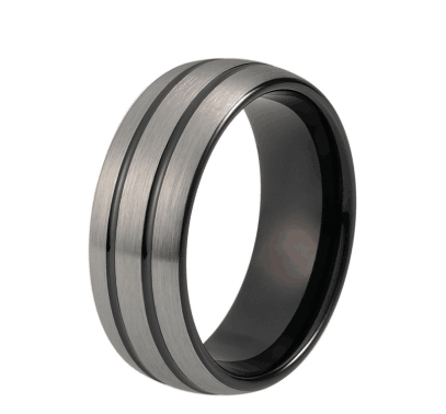 8mm Black Tungsten Wedding Ring for Men Women Dome Double Lines Silver Matte Top Center Comfort Fit