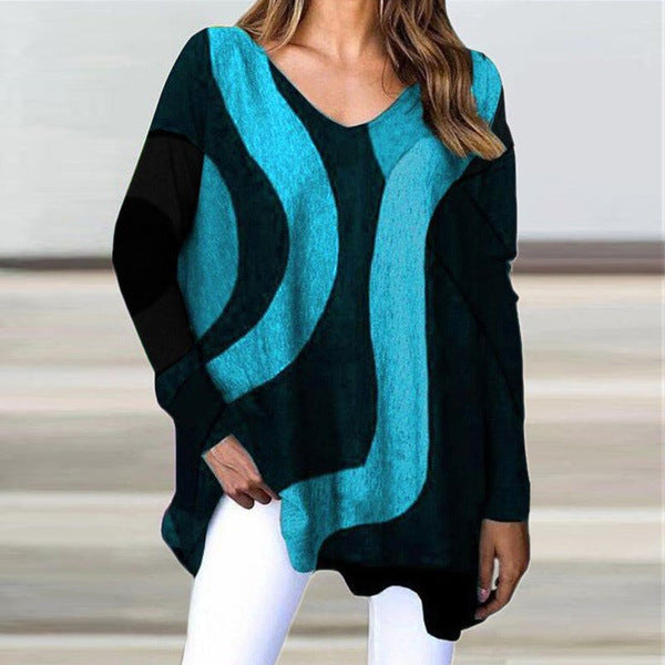 V-neck Pullover Long Sleeve Geometric Pattern Loose Casual Women's T-shirt