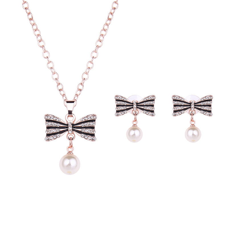 Fashion All-match Luxury Bow Full Diamond Necklace Earrings Jewelry Set