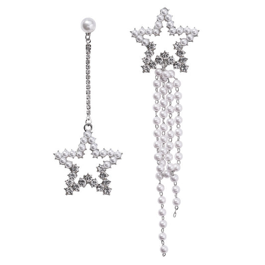 Five-pointed Star   Diamond Pearl Asymmetrical Earrings Personality Retro Long Earrings Simple Fringed Female Earrings