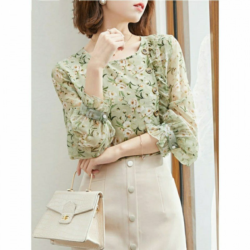 Ladies Long Sleeve Floral Print Faux Silk Top