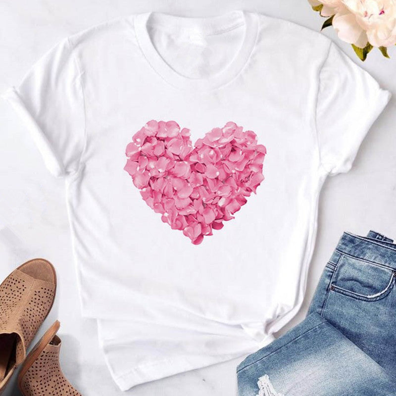 Pink heart-shaped flower print women's t-shirt casual funny t-shirt