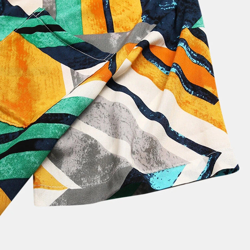 Geometric color block beach casual men's shirt