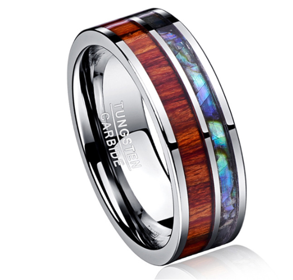 8MM wide tungsten steel ring with polished wood grain men's wedding rings