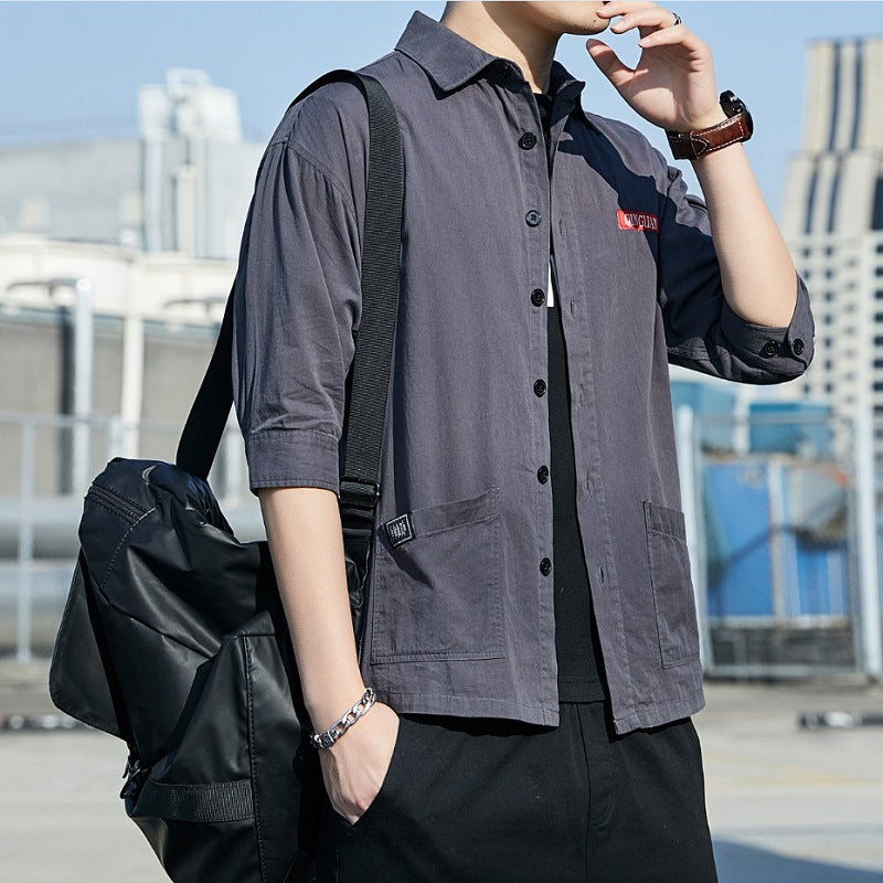 Summer Cotton Workwear Shirt With Three-Quarter Sleeves