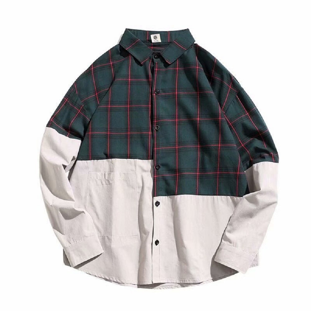 Autumn Japanese plaid stitching shirt men