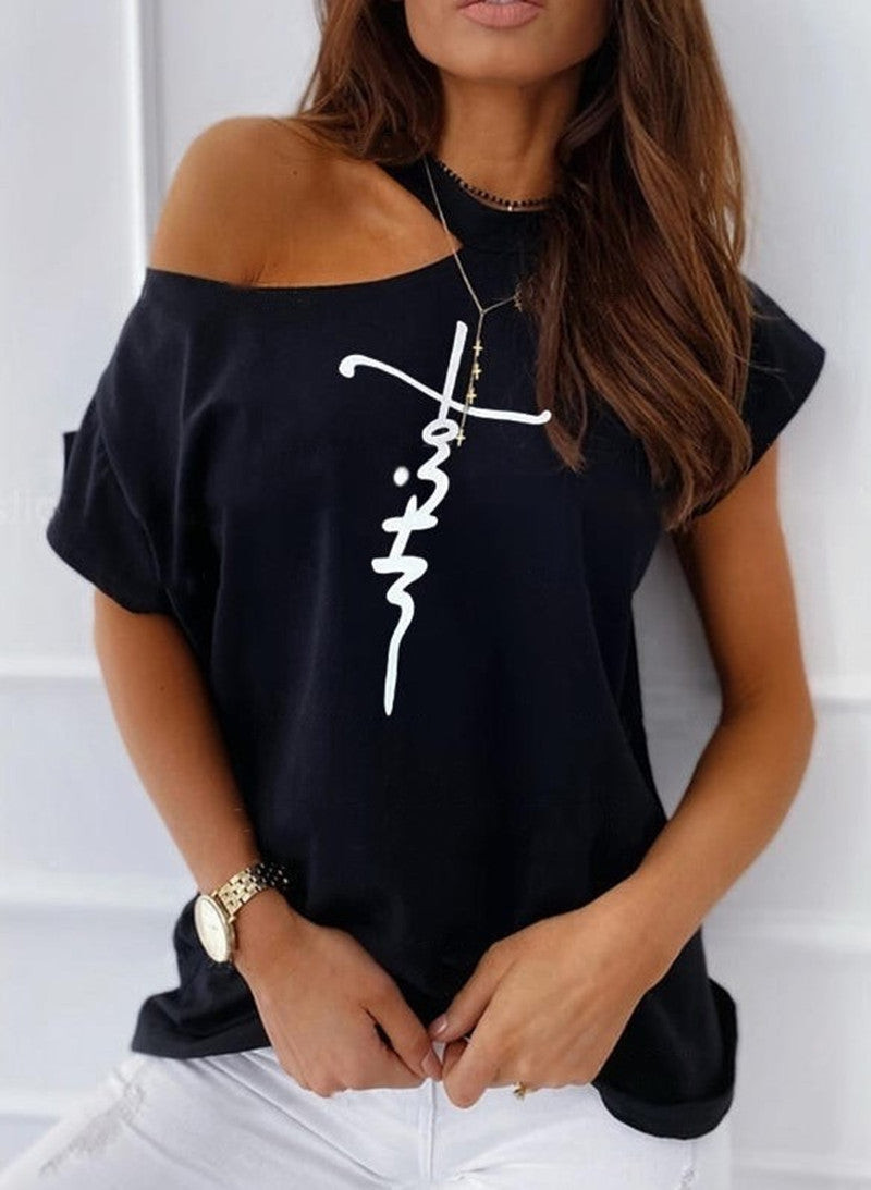 Letter print short sleeve off-shoulder T-shirt