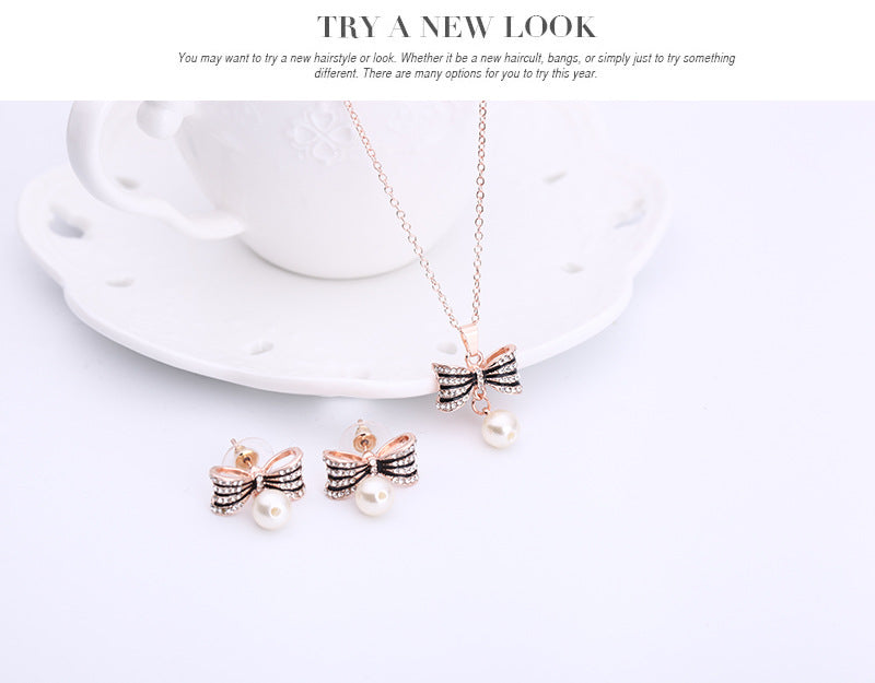 Fashion All-match Luxury Bow Full Diamond Necklace Earrings Jewelry Set