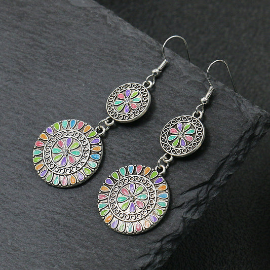 Round Flower Dripping Rhinestone Alloy Earrings