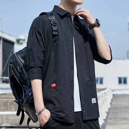 Summer Cotton Workwear Shirt With Three-Quarter Sleeves