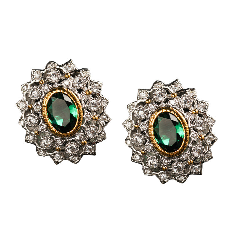 Craft retro hollow green zircon 925 Silver Earrings