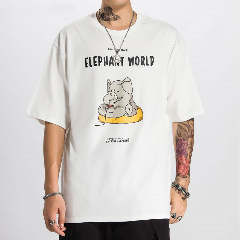 Casual cartoon baby elephant print T-shirt