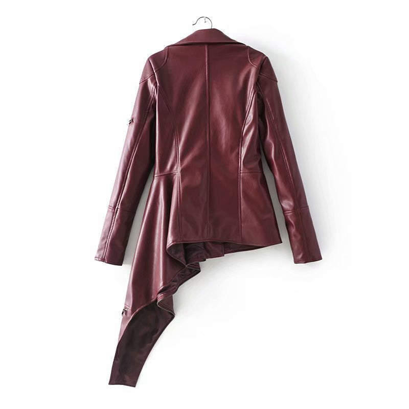 Women's Slim Fit, Lapel, Long Sleeves, irregular Hem Leather Clothing