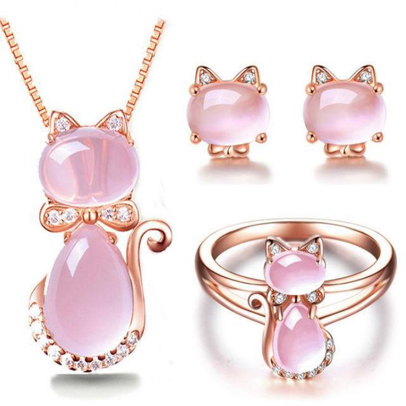 Cat Jewelry Set in Rose Gold Plate & Pink Quartz Crystal Rhinestone