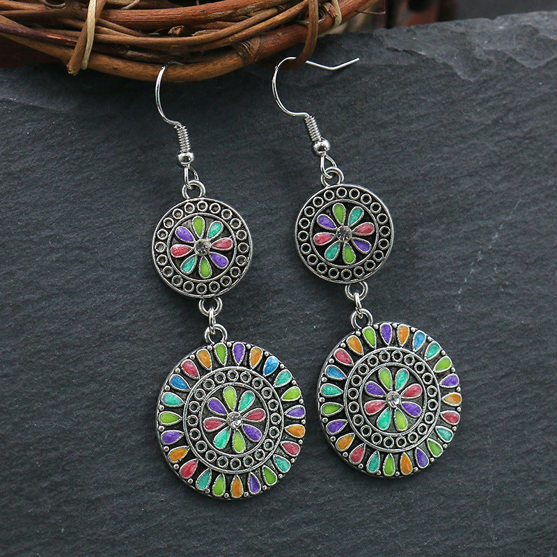 Round Flower Dripping Rhinestone Alloy Earrings