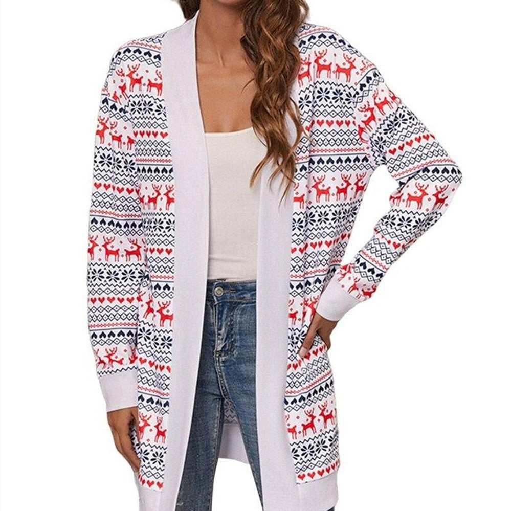 Women's Christmas Print Contrast Design Long Sleeve Cardigan