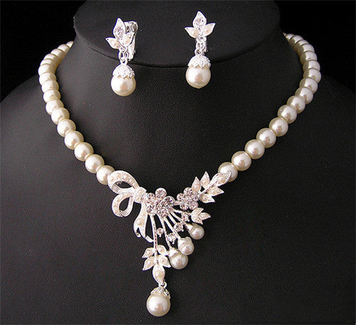 Crystal, Diamond, Pearl Necklace And Earrings