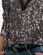 Women's Fashion Gorgeous Sequins V Neck Slim Long Sleeve Casual Top Women