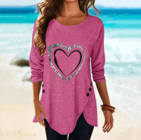 Irregular Long-sleeved Button T-shirt With Love Print