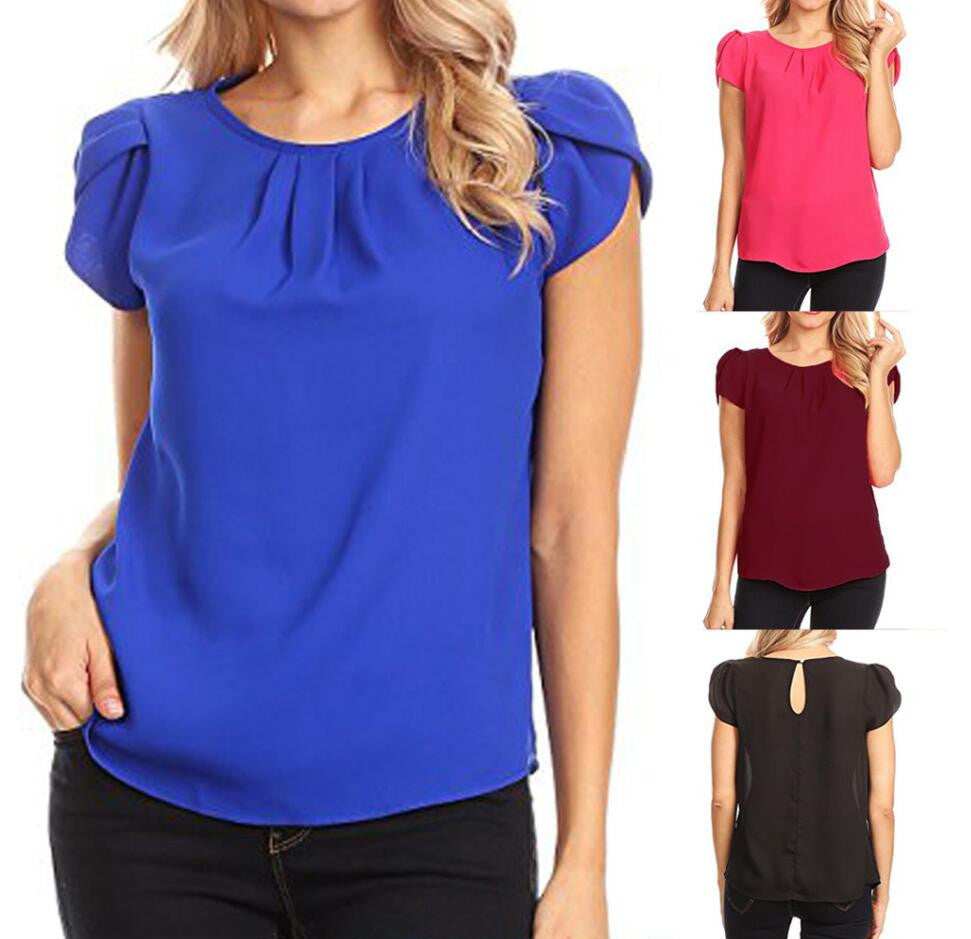 Chiffon Solid Color Short-sleeved Round Neck Casual