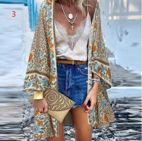 Casual Resort Doll Sleeve Cardigan Print Top Cardigan