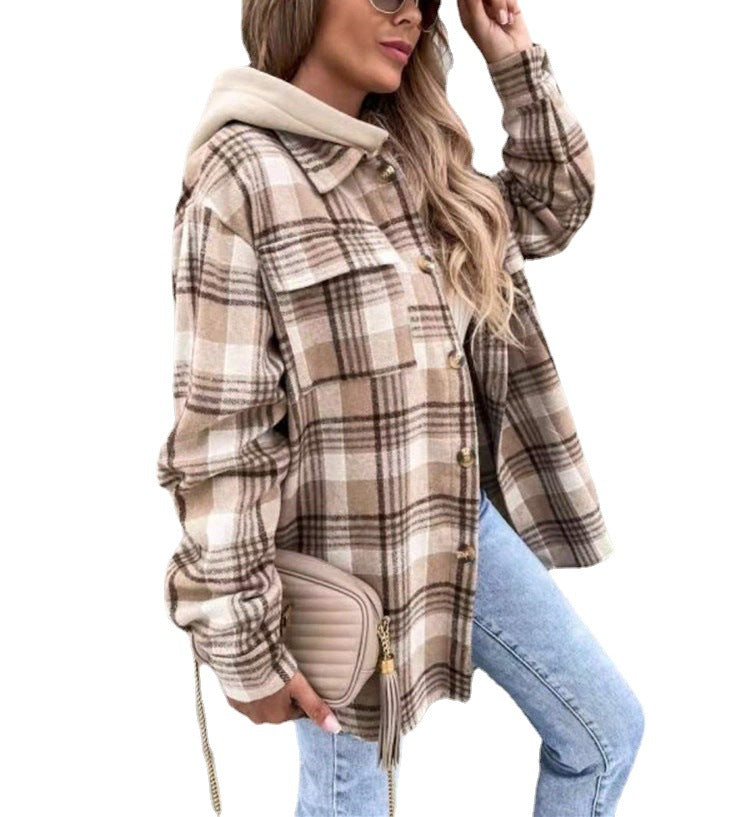 Fashion Lapel Hooded Loose Long Sleeve Women's Plaid Woolen Coat