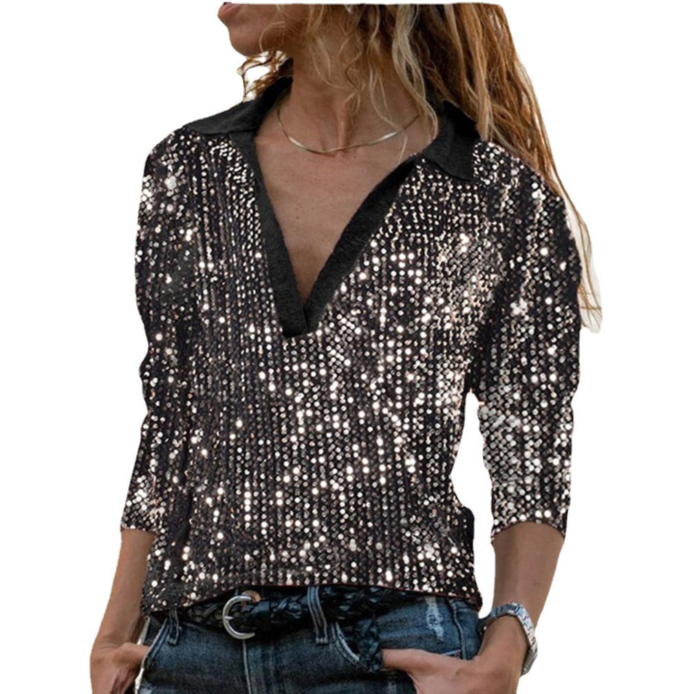 Women's Fashion Gorgeous Sequins V Neck Slim Long Sleeve Casual Top Women