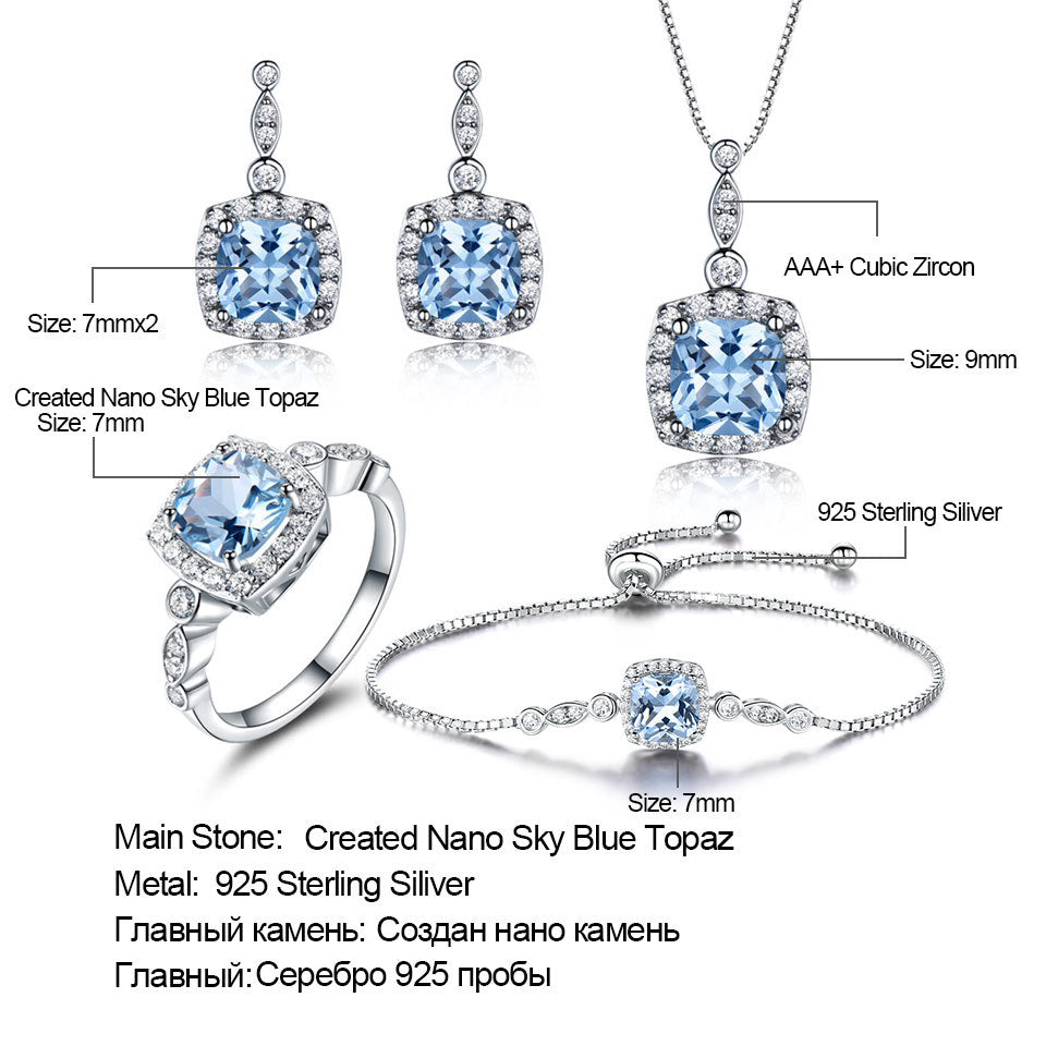 925 Sterling Silver Necklace Sky Blue Topaz Four-Piece Set