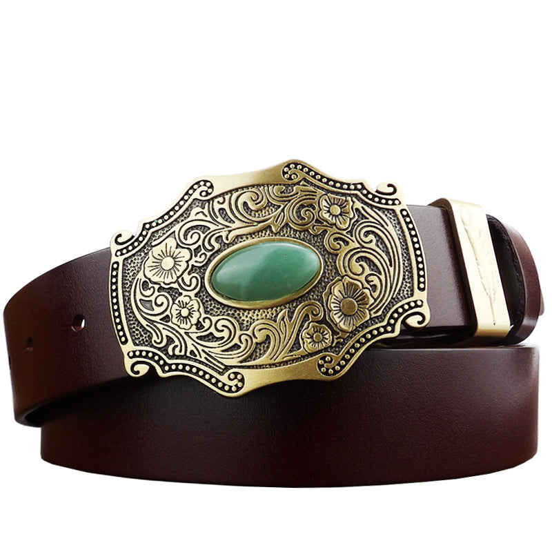 Casual Pure Copper Inlaid Jade Buckle Men's Belt