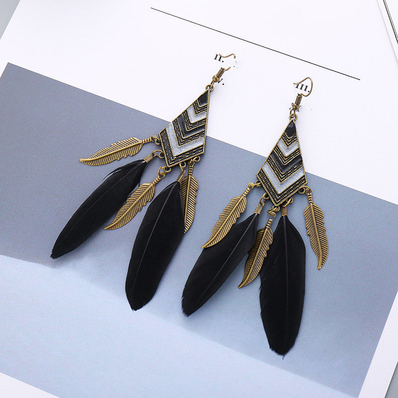 Diamond Leaf Long Tassel Feather Earrings For Female Bohemian Accessori