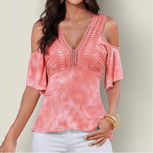 Hollow lace shoulder short-sleeved T-shirt