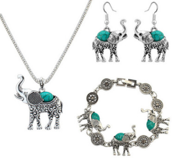 European and American retro turquoise elephant carved three-piece suit jewelry