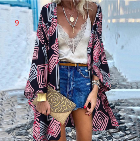 Casual Resort Doll Sleeve Cardigan Print Top Cardigan